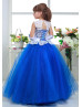 White Lace Royal Blue Tulle Keyhole Back Romantic Flower Girl Dress